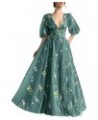 Prom Dresses Tulle Flower Embroidery V-Neck Puffy Sleeve Formal Evening Party Gowns with Bow-Knot Teal $35.25 Dresses