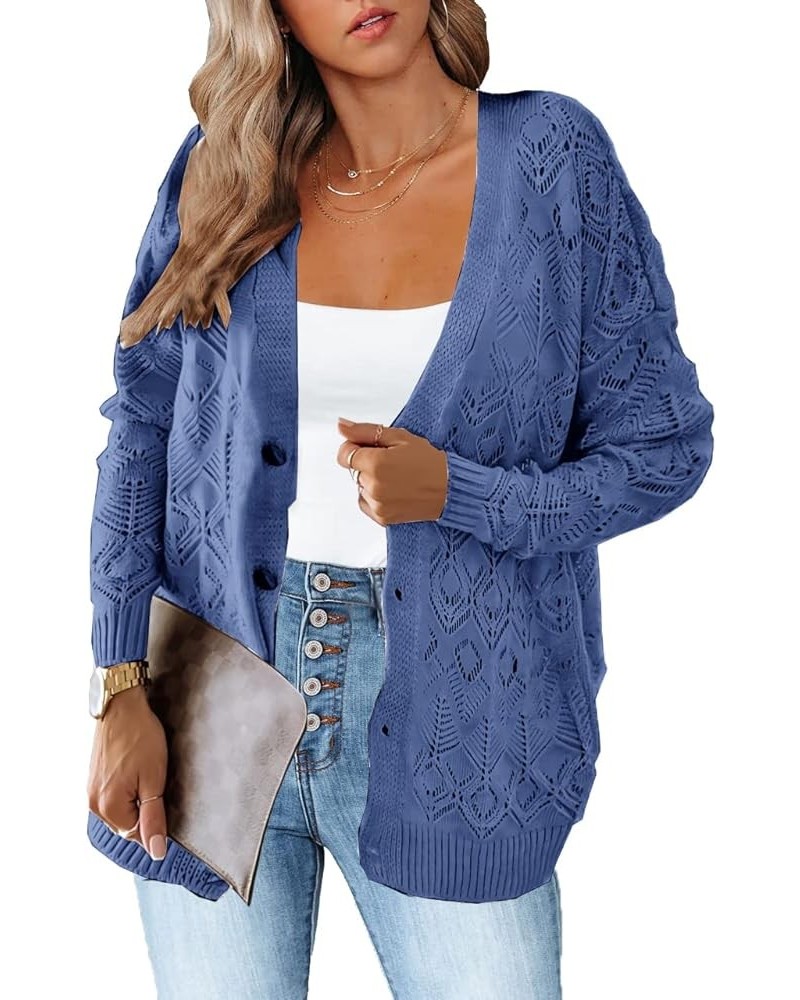 Women's Long Sleeve Crochet Cardigan Boho Knit Lightweight Open Casual Button Down Sweaters Outwear Blue $10.19 Sweaters