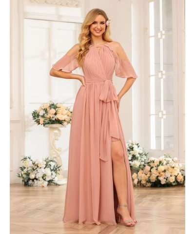 Women's Halter Bridesmaid Dresses Long with Slit 2024 Chiffon Aline Pleats Formal Evening Gowns with Pockets Teal Blue $26.24...