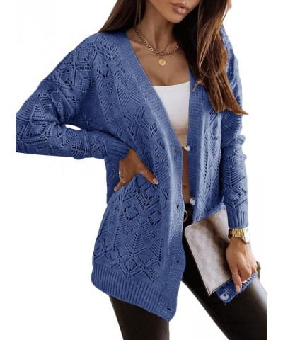 Women's Long Sleeve Crochet Cardigan Boho Knit Lightweight Open Casual Button Down Sweaters Outwear Blue $10.19 Sweaters