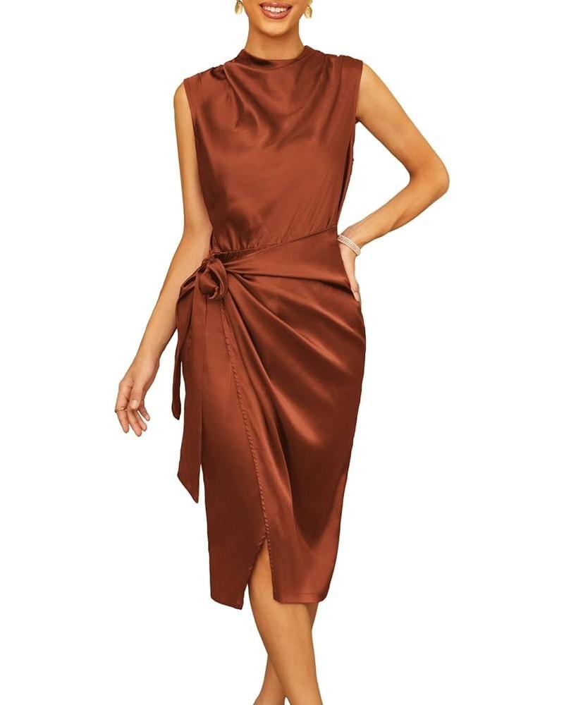 Women's Satin Sleeveless Mock Neck Keyhole Bodycon Dresses Cowl Neck Tie Waist Faux Wrap Midi Cocktail Dress Rust Brown $32.9...
