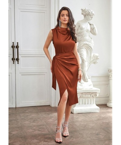 Women's Satin Sleeveless Mock Neck Keyhole Bodycon Dresses Cowl Neck Tie Waist Faux Wrap Midi Cocktail Dress Rust Brown $32.9...