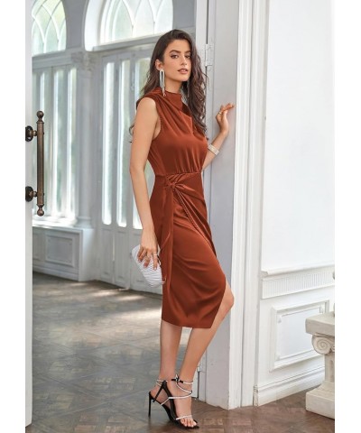 Women's Satin Sleeveless Mock Neck Keyhole Bodycon Dresses Cowl Neck Tie Waist Faux Wrap Midi Cocktail Dress Rust Brown $32.9...