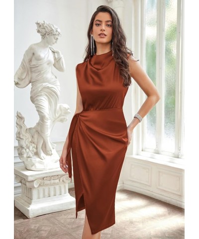 Women's Satin Sleeveless Mock Neck Keyhole Bodycon Dresses Cowl Neck Tie Waist Faux Wrap Midi Cocktail Dress Rust Brown $32.9...