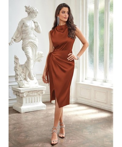 Women's Satin Sleeveless Mock Neck Keyhole Bodycon Dresses Cowl Neck Tie Waist Faux Wrap Midi Cocktail Dress Rust Brown $32.9...