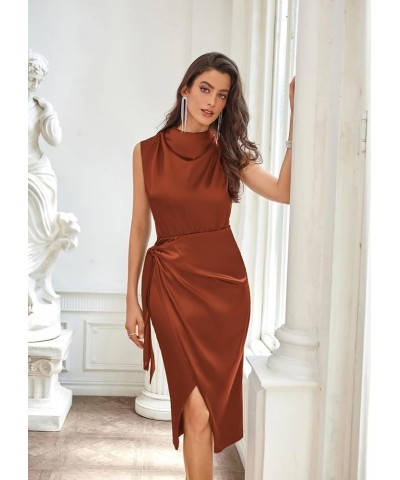 Women's Satin Sleeveless Mock Neck Keyhole Bodycon Dresses Cowl Neck Tie Waist Faux Wrap Midi Cocktail Dress Rust Brown $32.9...