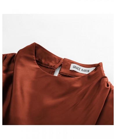 Women's Satin Sleeveless Mock Neck Keyhole Bodycon Dresses Cowl Neck Tie Waist Faux Wrap Midi Cocktail Dress Rust Brown $32.9...