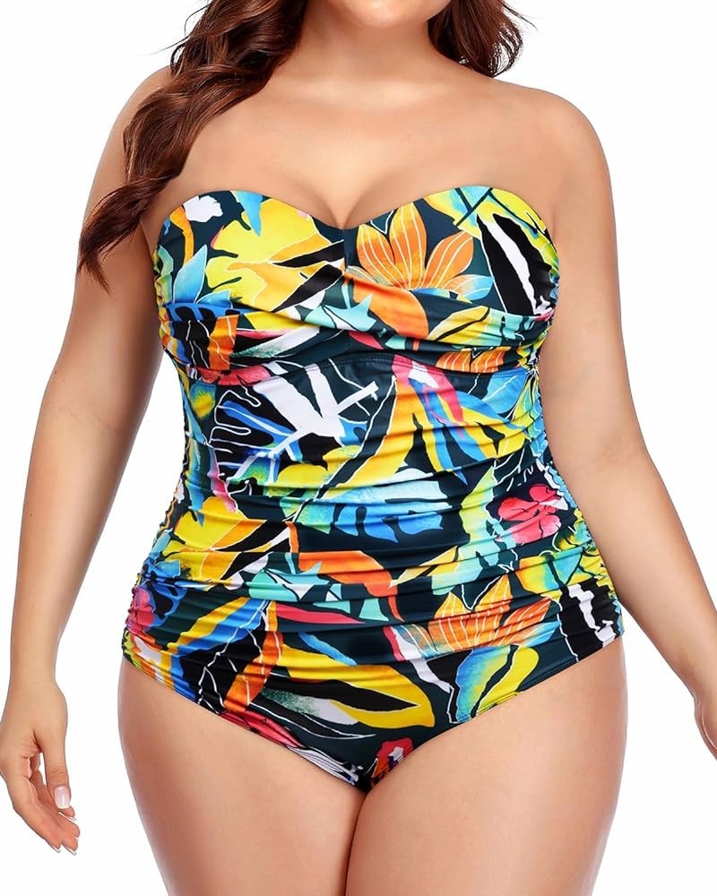Plus Size One Piece Swimsuit Tummy Control Strapless Bathing Suits Bandeau Slimming Ruched Twist Front Swimwear Floral $14.81...