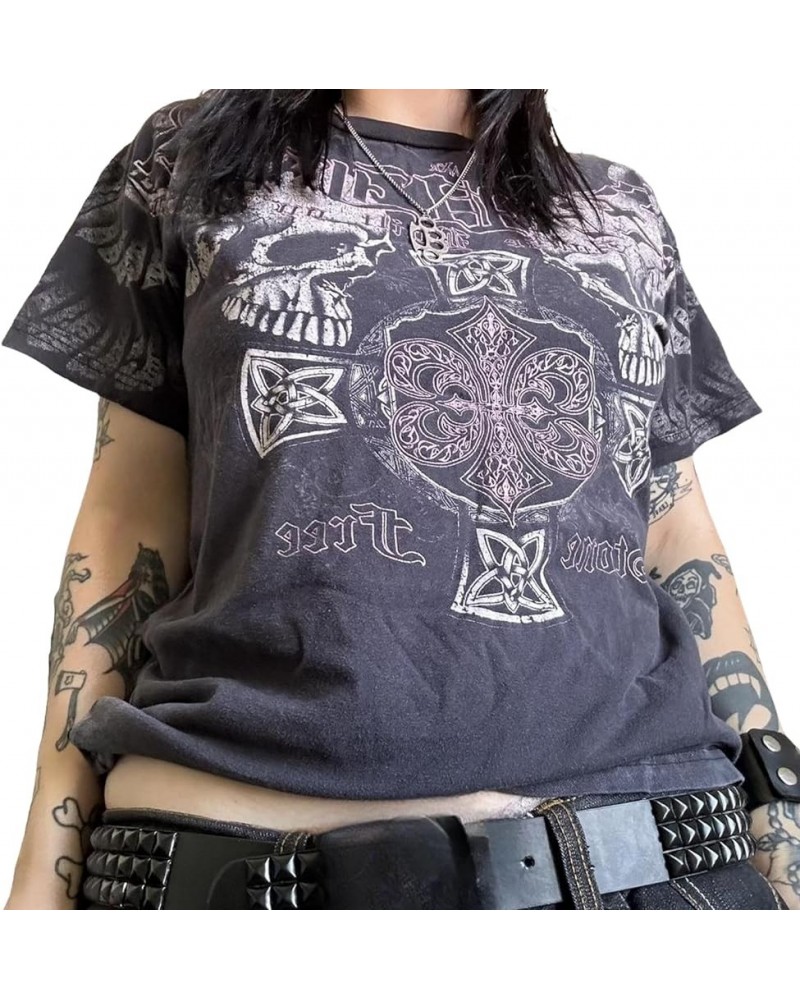 Women Y2K Graphic T-Shirts Summer Short Sleeve Punk Gothic Tee Tops Vintage 90s Aesthetic Emo Clothes Streetwear C-dark Gray ...