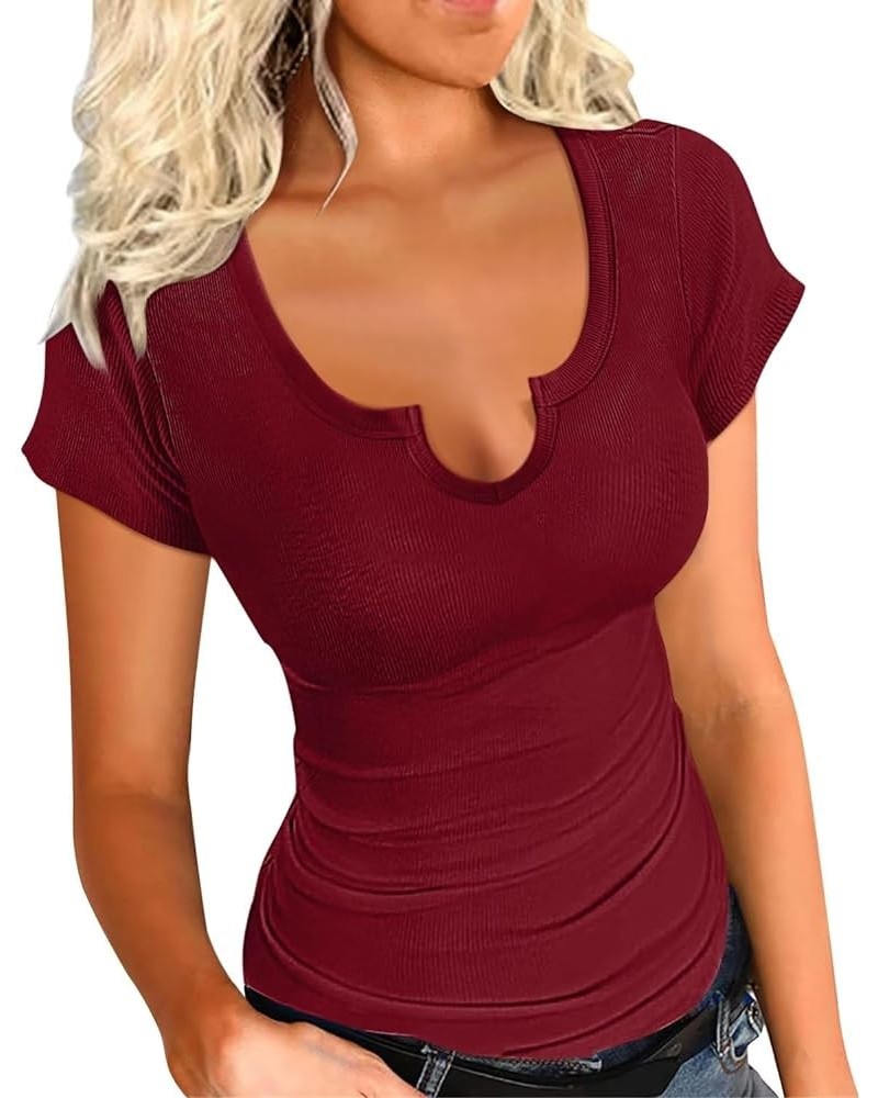 Womens Summer Short Sleeve Tops V Neck T Shirts Sexy Tops Short Sleeve Shirts for Women Fitted Tshirt Tees Ribbed A - Wine Re...
