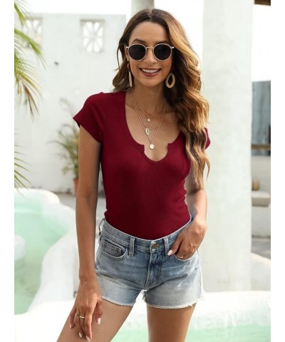 Womens Summer Short Sleeve Tops V Neck T Shirts Sexy Tops Short Sleeve Shirts for Women Fitted Tshirt Tees Ribbed A - Wine Re...