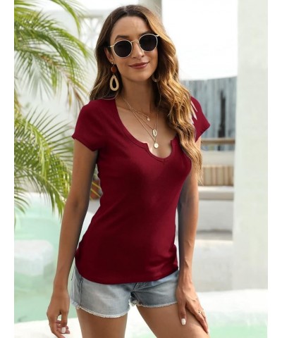 Womens Summer Short Sleeve Tops V Neck T Shirts Sexy Tops Short Sleeve Shirts for Women Fitted Tshirt Tees Ribbed A - Wine Re...