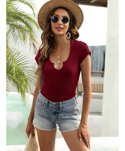 Womens Summer Short Sleeve Tops V Neck T Shirts Sexy Tops Short Sleeve Shirts for Women Fitted Tshirt Tees Ribbed A - Wine Re...