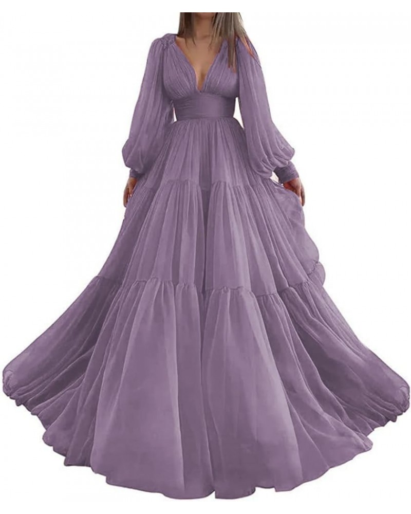 Long Sleeve Tulle Prom Dresses V Neck Puffy Formal Evening Party Gown for Women Princess Wedding Dress Wisteria $41.24 Dresses