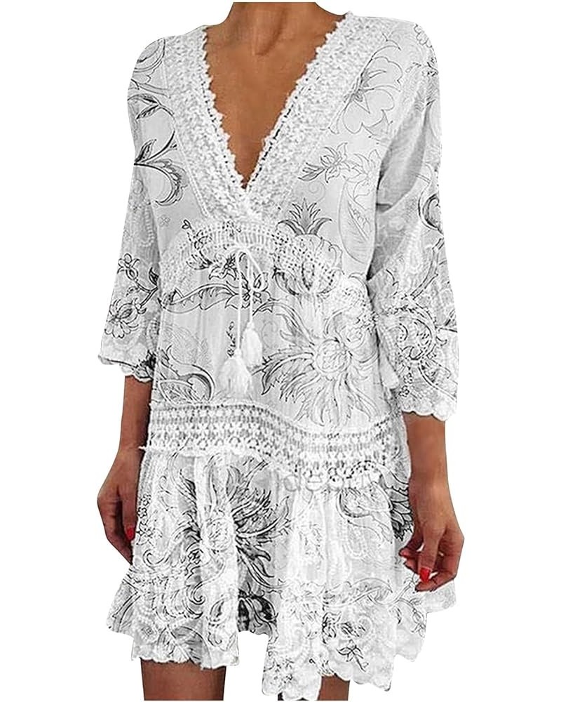Women's Summer Deep V-Neck Sweet and Cute Dress Short Three-Quarter Sleeves Hollow Straight Lace-Up Knee-Length Skirt Black $...