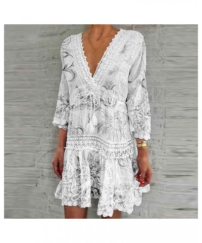 Women's Summer Deep V-Neck Sweet and Cute Dress Short Three-Quarter Sleeves Hollow Straight Lace-Up Knee-Length Skirt Black $...