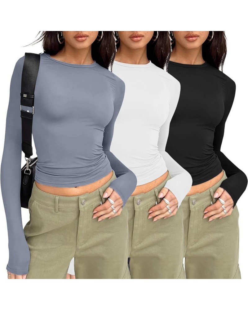 3 Pieces Women Solid Basic Crop Tops Shirts Going Out Spring Fashion Layer Slim Fit Y2k Long Sleeve Crew Neck Top $3pc-blue W...