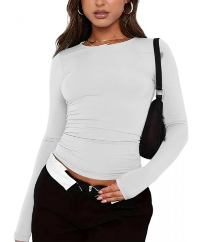 3 Pieces Women Solid Basic Crop Tops Shirts Going Out Spring Fashion Layer Slim Fit Y2k Long Sleeve Crew Neck Top $3pc-blue W...