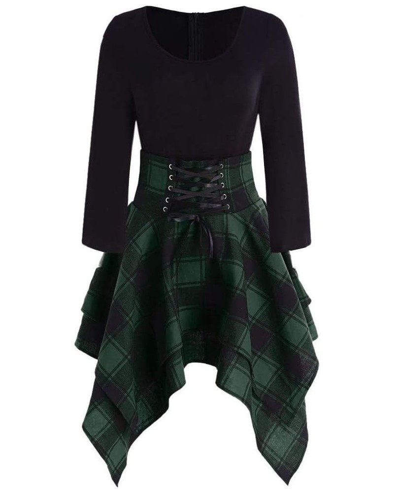 F_Gotal Women's Vintage Dresses Long Sleeve O-Neck Lace Up Tartan Plaid Print Asymmetrical Mini Dress Party Cocktail Green $7...