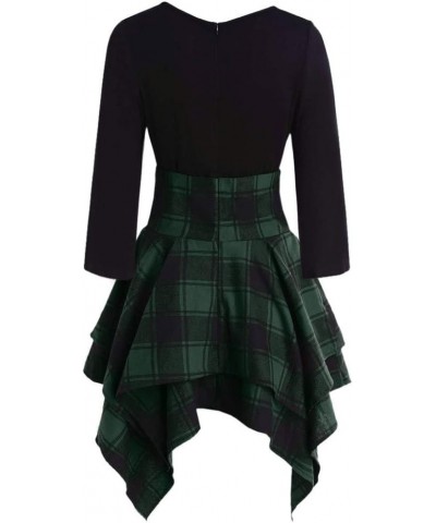 F_Gotal Women's Vintage Dresses Long Sleeve O-Neck Lace Up Tartan Plaid Print Asymmetrical Mini Dress Party Cocktail Green $7...