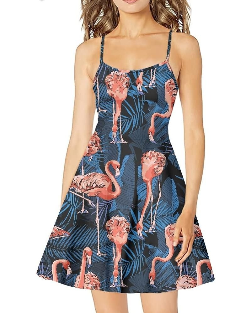 Women's Summer Flamingo Printed Sleeveless Sundress Adjustable Strap A Line Swing Midi Dress Orange Flamingo Leaf $10.12 Dresses