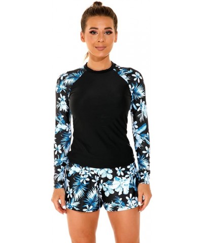 Women Long Sleeve Rash Guard Set Swimwear Two Pieces Floral Print Swim Shirt with Shorts Swimsuit Bathing Suits Black + Blue ...