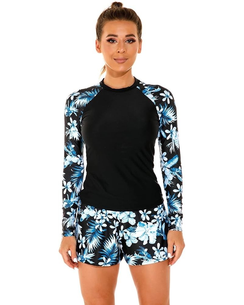 Women Long Sleeve Rash Guard Set Swimwear Two Pieces Floral Print Swim Shirt with Shorts Swimsuit Bathing Suits Black + Blue ...