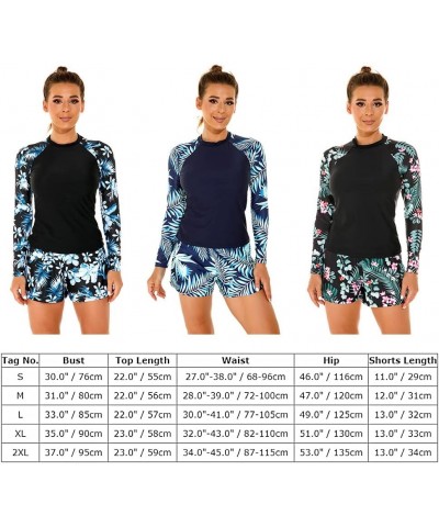 Women Long Sleeve Rash Guard Set Swimwear Two Pieces Floral Print Swim Shirt with Shorts Swimsuit Bathing Suits Black + Blue ...