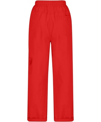Cargo Pants Women High Waist Fashion Adjustable Drawstring Elastic Waist Wide Leg Pants Loose Trousers with Pockets A21 Red $...