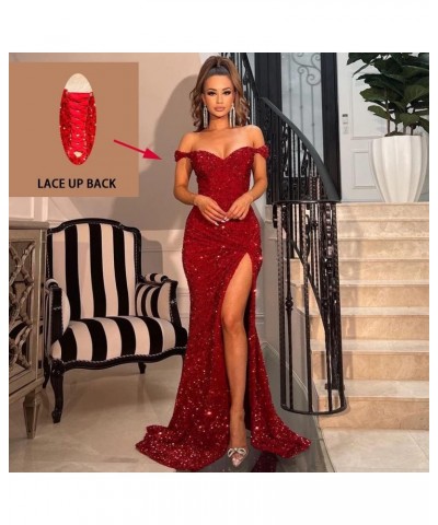 Women's Off Shoulder Mermaid Prom Dresses 2024 Long Sequin Formal Evening Gowns with Slit Teal $45.36 Dresses