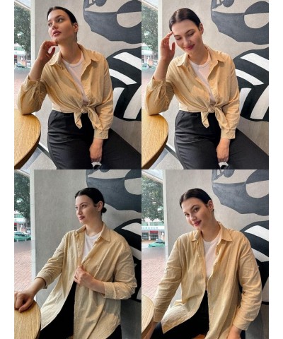Womens Plus Size Button Down Shirt Linen Collared Shirt Long Sleeve Cotton Button Front Shirt Work Blouse Tops Khaki $12.69 B...