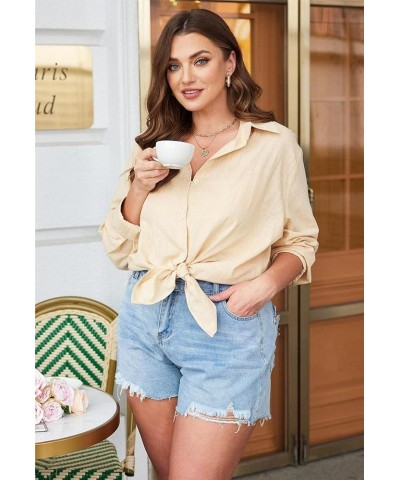 Womens Plus Size Button Down Shirt Linen Collared Shirt Long Sleeve Cotton Button Front Shirt Work Blouse Tops Khaki $12.69 B...