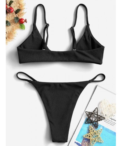 Women's Ribbed O-Ring String Bikini Swimsuit Cheeky Thong Swimwear Two Pieces Bathing Suit Black $16.00 Swimsuits