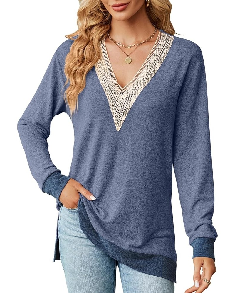 Women's Tops Casual Long Sleeve Shirts Fall Lace V Neck Dressy Loose Tunic Blouses Blue $15.33 Blouses