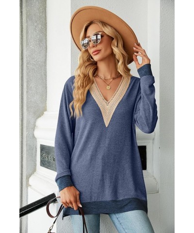 Women's Tops Casual Long Sleeve Shirts Fall Lace V Neck Dressy Loose Tunic Blouses Blue $15.33 Blouses