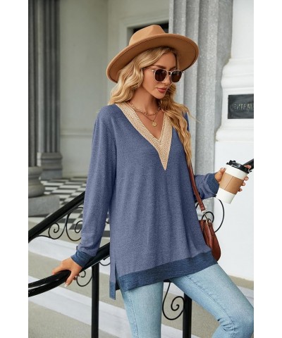 Women's Tops Casual Long Sleeve Shirts Fall Lace V Neck Dressy Loose Tunic Blouses Blue $15.33 Blouses