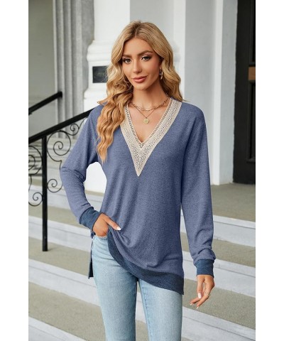 Women's Tops Casual Long Sleeve Shirts Fall Lace V Neck Dressy Loose Tunic Blouses Blue $15.33 Blouses