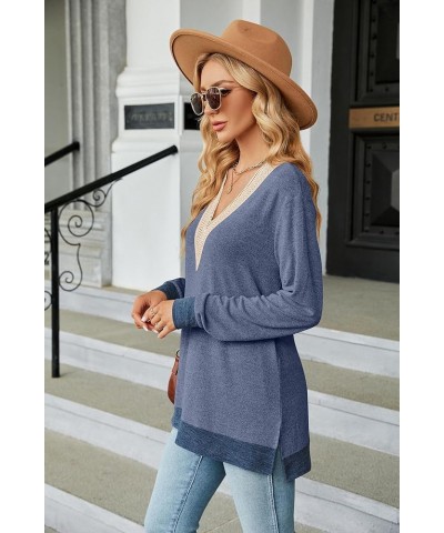 Women's Tops Casual Long Sleeve Shirts Fall Lace V Neck Dressy Loose Tunic Blouses Blue $15.33 Blouses