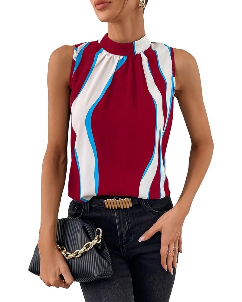 Women's Casual Mock Neck Blouse Color Block Tie Back Sleeveless Tank Tops Multicolor $8.99 Blouses