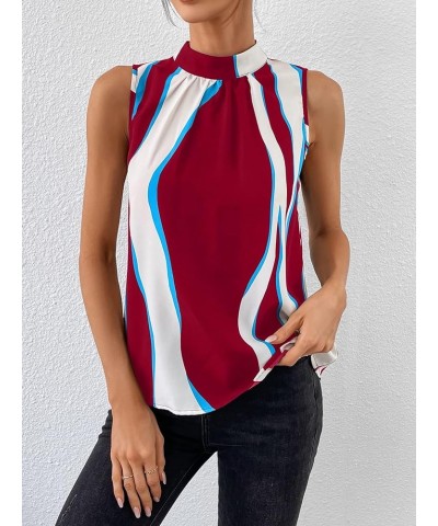 Women's Casual Mock Neck Blouse Color Block Tie Back Sleeveless Tank Tops Multicolor $8.99 Blouses