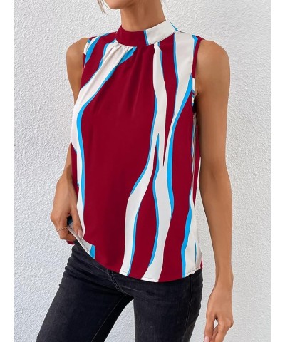 Women's Casual Mock Neck Blouse Color Block Tie Back Sleeveless Tank Tops Multicolor $8.99 Blouses