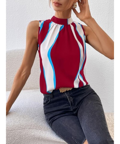 Women's Casual Mock Neck Blouse Color Block Tie Back Sleeveless Tank Tops Multicolor $8.99 Blouses