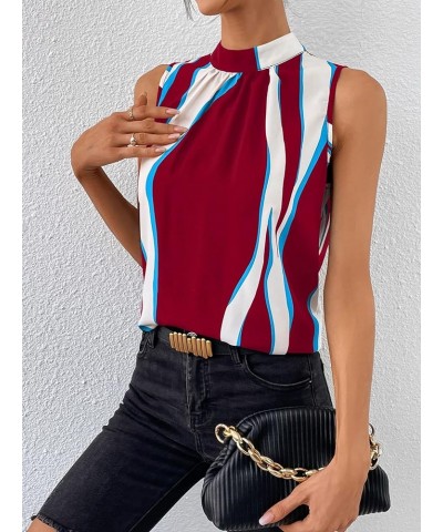 Women's Casual Mock Neck Blouse Color Block Tie Back Sleeveless Tank Tops Multicolor $8.99 Blouses