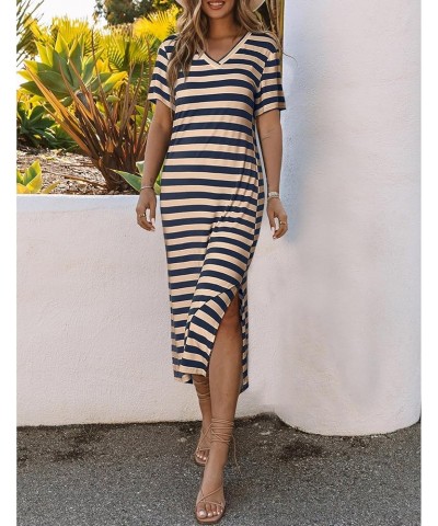 Women 2024 Casual Maxi Dress Short Sleeve V Neck Stripe Sundress Split Loose Long Summer Beach T Shirt Dresses Y-navy Brown $...