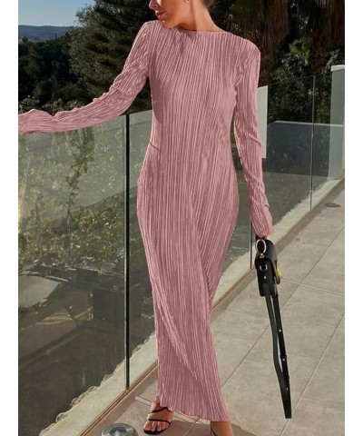 Women's Long Sleeve Loose Dress Pleated Crew Neck Slim Bodycon Plain Casual Maxi Dresses Cocktail Party Clubwear Pink $22.44 ...
