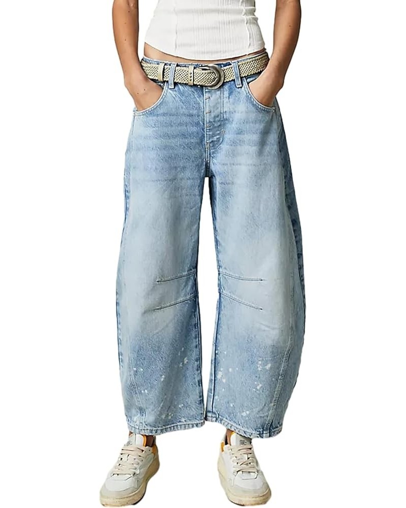Women Baggy Jeans Wide Leg Mid Rise Barrel Jeans Y2k Curved Loose Crop Denim Pants with Pockets Ce Light Blue $25.33 Jeans