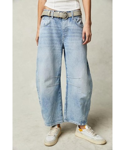 Women Baggy Jeans Wide Leg Mid Rise Barrel Jeans Y2k Curved Loose Crop Denim Pants with Pockets Ce Light Blue $25.33 Jeans