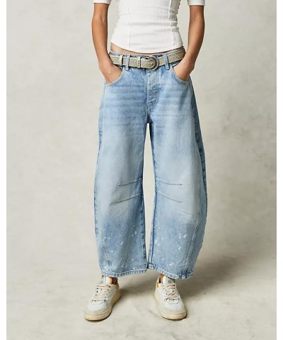 Women Baggy Jeans Wide Leg Mid Rise Barrel Jeans Y2k Curved Loose Crop Denim Pants with Pockets Ce Light Blue $25.33 Jeans