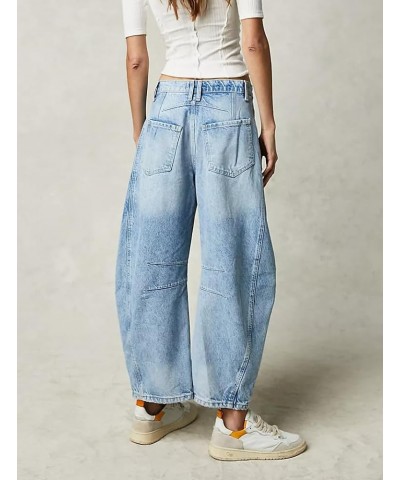 Women Baggy Jeans Wide Leg Mid Rise Barrel Jeans Y2k Curved Loose Crop Denim Pants with Pockets Ce Light Blue $25.33 Jeans