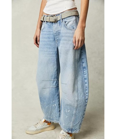 Women Baggy Jeans Wide Leg Mid Rise Barrel Jeans Y2k Curved Loose Crop Denim Pants with Pockets Ce Light Blue $25.33 Jeans